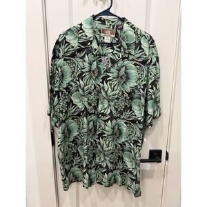 KALAHEO Mens XL Hawaiian Aloha Shirt Black Green Floral Rayon Made in USA